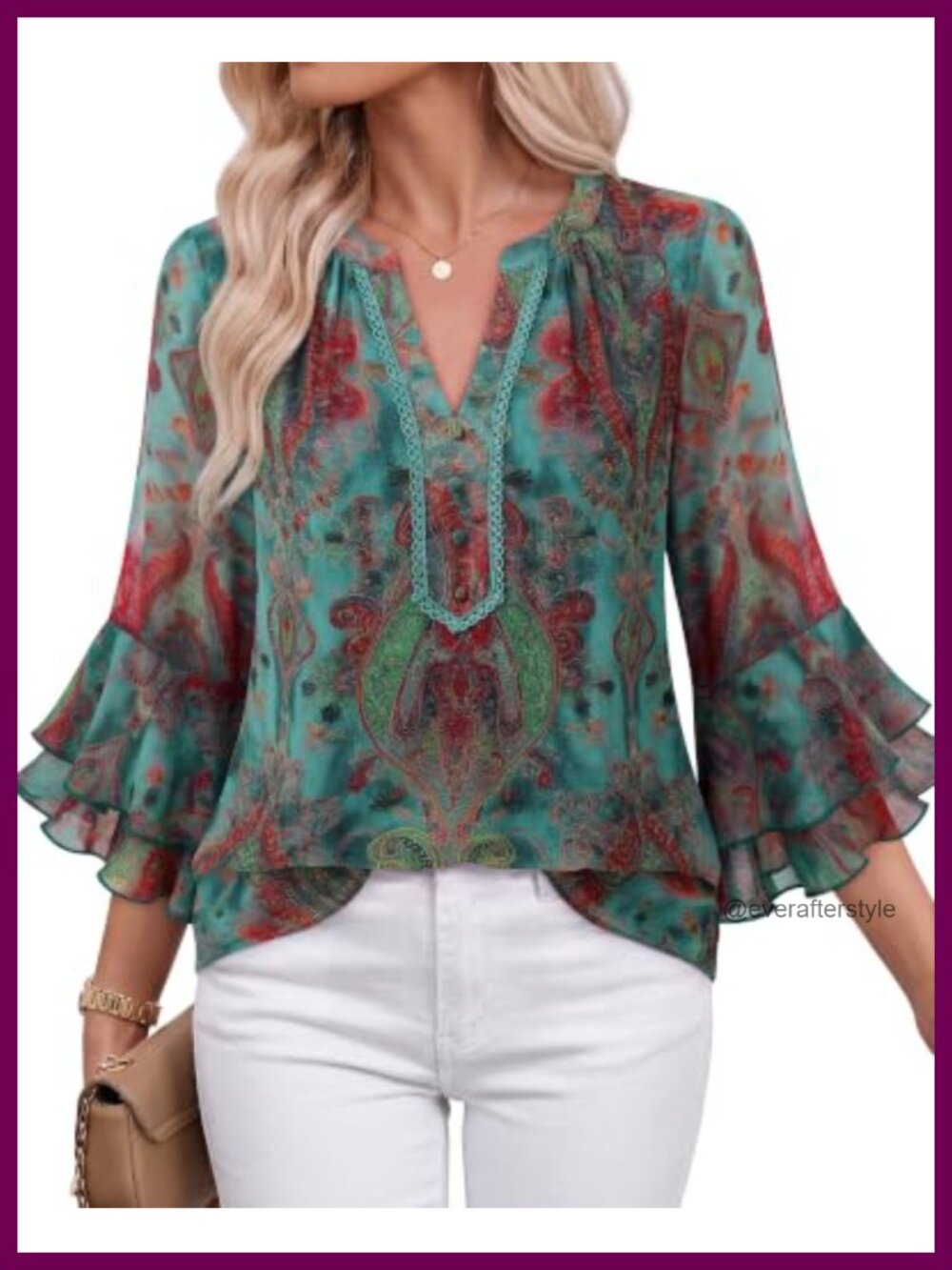 Womens Embroidered V Neck Ruffle 3/4 Sleeve Chiffon Blouse
